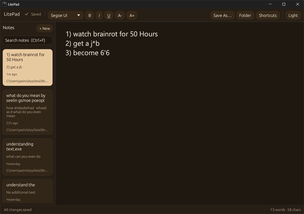 LitePad running in the Brown theme