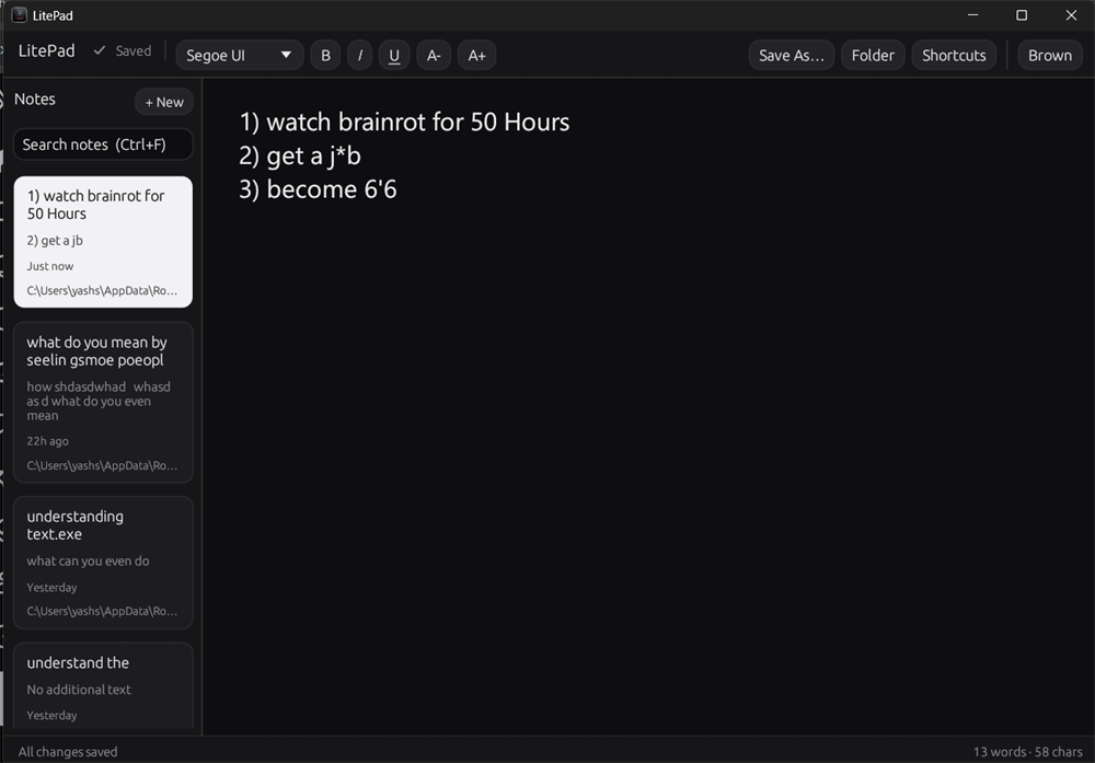 LitePad running in the Dark theme
